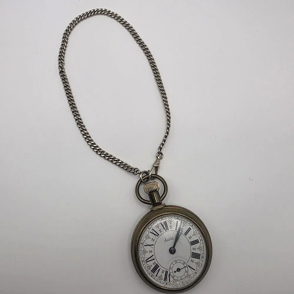 RARE Sears Railroad Brass Pocket Watch Steam Engine With Chain